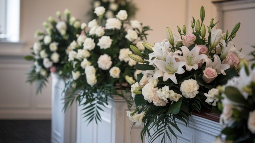 4 sets of funeral flowers adorned on white pillars in a church setting. A mixture of roses, lilies and hydrangea in white and pink shades.